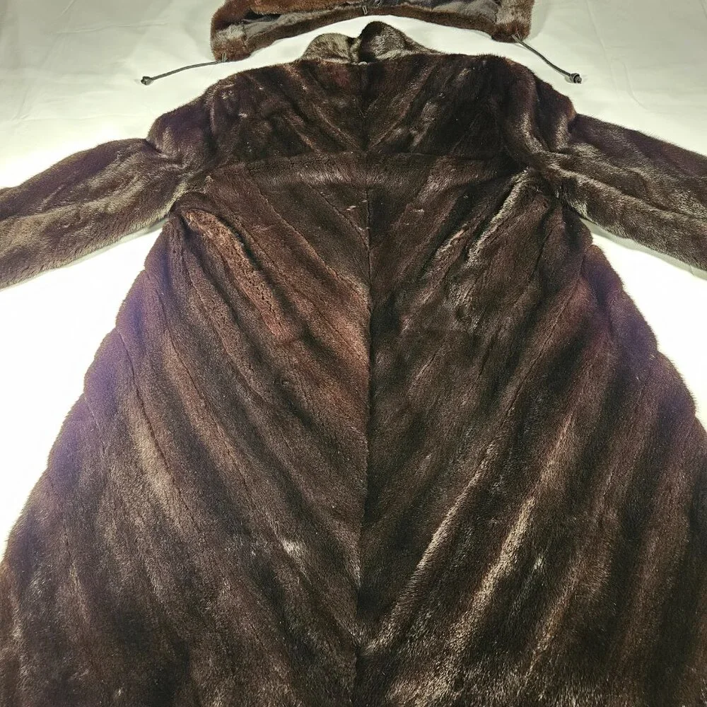 BLACKGLAMA Dark Ranch Mink Fur Coat‎ - Size 12 - Perfect Condition with Hood